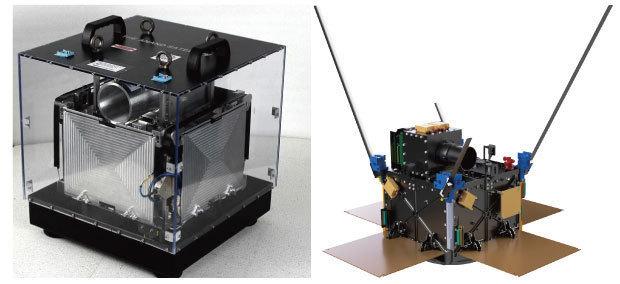 約30センチ角のハイパースペクトルカメラ（左）とカメラを搭載した衛星のイメージ（ピクセル提供）
