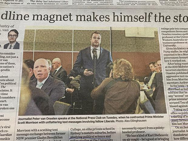 9日付SMHの紙面。ヴァンオンセレン記者（写真中央）の首相への質問が政界を揺るがした