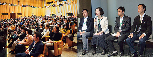 （左）500人以上の在日ベトナム人エンジニアらが参加した「ベトナム・サミット」＝東京（NNA撮影）（右）再生可能エネルギーの分科会では、スマートグリッドや電気自動車（EV）に関して議論。東京大学、豊田工業大学などのベトナム人研究者に、パナソニックに勤務するエンジニアらが熱心に質問していた＝東京（NNA撮影）