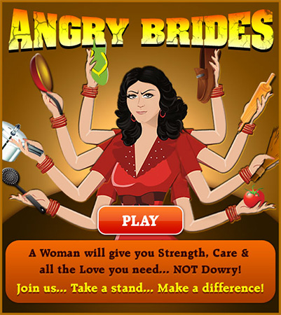 インドの『Angry Brides』は、理不尽な持参金を要求する新郎を花嫁が打倒するという設定。女性の怒りを感じさせるビジュアル（ゲーム公式サイトより）
