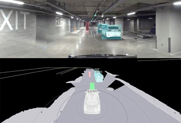 ＩＴ大手のネイバーは、傘下のネイバーラボを通じて自動運転車の実用化に欠かせない高精度の３Ｄマップや自動運転車向けソフトウエアの開発に取り組む。画像はネイバーラボの自動運転車の試験映像。周囲の車は緑、人は赤で表示されている＝韓国（同社試験動画のキャプチャー）