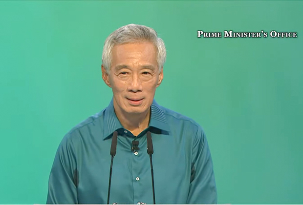 リー・シェンロン首相は８月20日に実施した施政方針演説で、50～60代向けの支援策などを発表した（首相府の公式サイトの動画より）