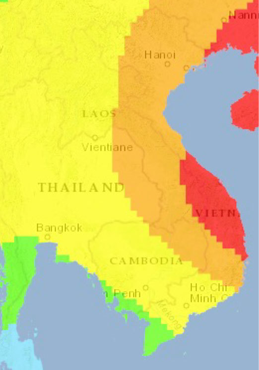 再現期間250年で熱帯低気圧が襲来する頻度。赤に近いほど大きい。(Source: UNISDR: GAR2015のデータに基づき東京海上ディーアール作成）
