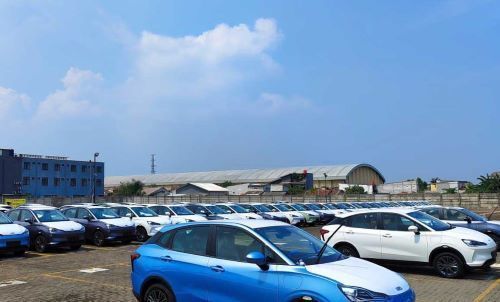 Ｋライン・ビークル・プロセシング・センターに保管されるナタ汽車の完成車（川崎汽船提供）