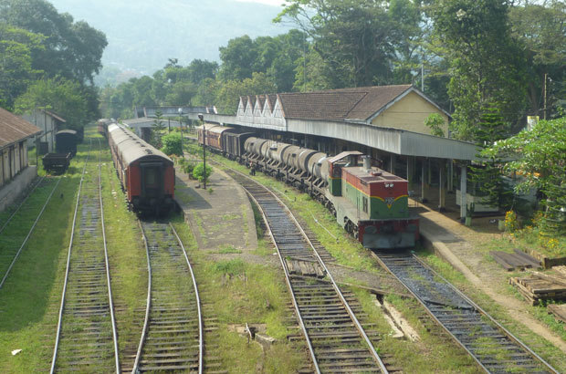 バドゥラ駅に到着した貨客混合列車（右）＝2014年３月（筆者撮影）