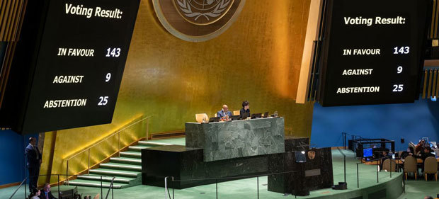 パレスチナの国連加盟を支持する決議案は、賛成が143カ国と圧倒的多数で採択された（国連提供）
