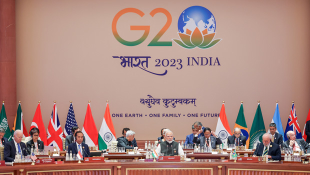 2023年９月のＧ20サミット会期中、議長国のインドはアフリカ連合（ＡＵ）のＧ20入りを主導。「グローバルサウス」と呼ばれる新興・途上国の取り込みに力を入れた（インド政府提供） 
