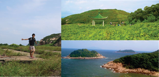索罟群島・大鴉洲のベトナム難民キャンプ跡（左）、植物に飲み込まれた広場（右上）、香港最南端の頭顱洲（右下）