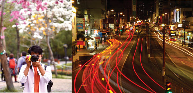 写真を撮る筆者（左）と元朗の夜景