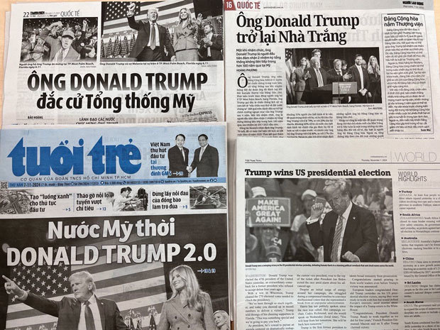 ベトナム各紙は７日朝刊でトランプ氏が当選確実としたことを大きく伝えた