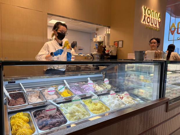 Yonna Yonna Gelatoのショーケース。マンゴーやシークワーサーなど沖縄にちなんだジェラートが並ぶ＝25日、啓徳（ＮＮＡ撮影）
