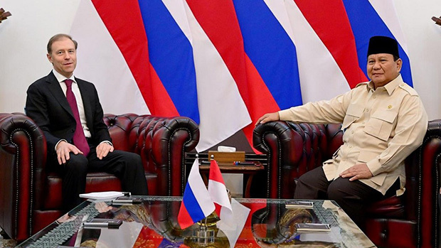 ジャカルタのムルデカ宮殿で会談したプラボウォ大統領（右）とロシアのデニス・マントゥロフ第１副首相＝15日（インドネシア大統領府提供）