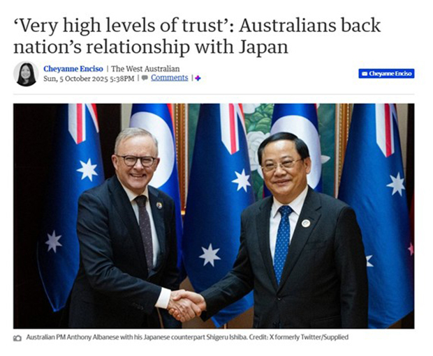 ウエスト・オーストラリアン紙は日豪関係に関する記事に、石破首相ではなく、ラオスの首相（右）の写真を誤って掲載した（同紙サイトより）