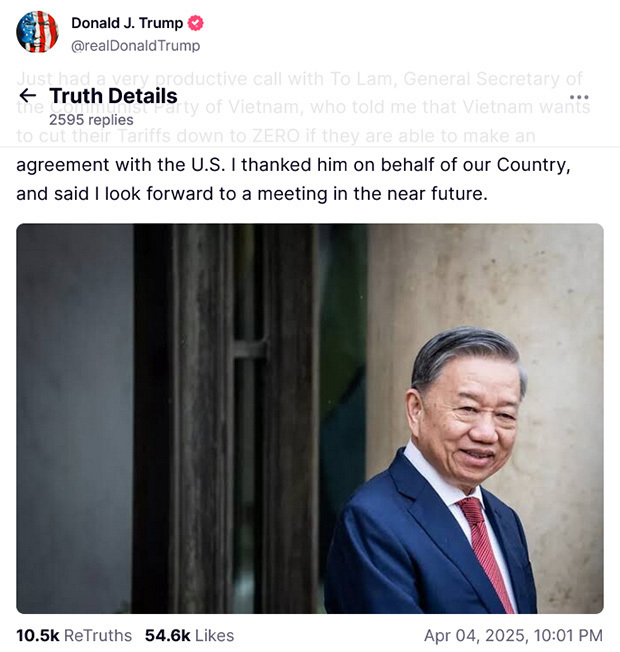 トランプ大統領はラム書記長との電話会談を「非常に生産的だった」とＳＮＳに投稿した（トランプ氏の「トゥルース・ソーシャル」より）