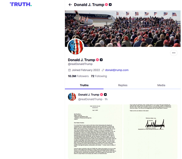 トランプ米大統領は７日（現地時間）の関税発表後、ＳＮＳのアカウントに書簡の写真を次々と投稿した（同氏の「トゥルース・ソーシャル」アカウントより）