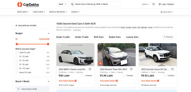インドではオンラインプラットフォームの普及も中古車市場を押し上げている（地場カーデコのウエブサイトのスクリーンショット）