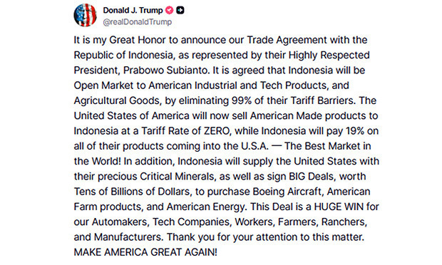 トランプ米大統領は自身のＳＮＳへの投稿で、インドネシアとの貿易協定に合意したと発表した（トランプ氏の公式ＳＮＳより）