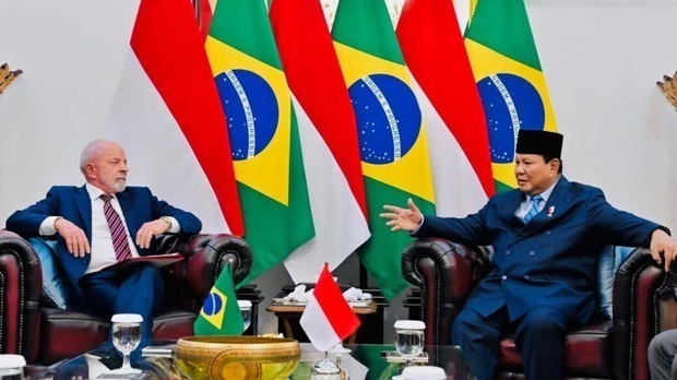 会談するブラジルのルラ大統領（左）とインドネシアのプラボウォ大統領＝23日、インドネシア・ジャカルタ（大統領府提供）
