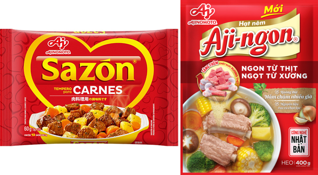 日本で３月に販売開始したブラジルの風味調味料「サゾン」（左）とベトナムで販売している同「アジゴン」（味の素ホームページより）