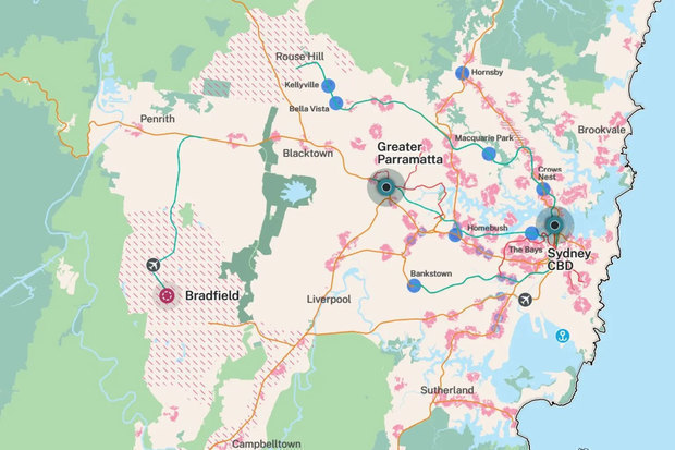 シドニー(Sydney）、パラマタ（Parramatta)、ブラッドフィールド（Bradfield）の３地域を核に開発する