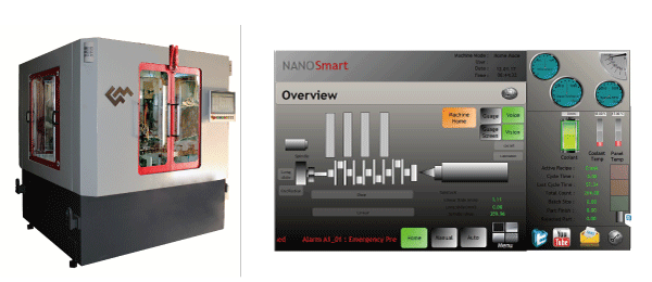 グラインドマスターのパワートレイン用部品向けの仕上げ機械「ナノフィニッシュ」（左）とソフトウエア「ナノスマート」の操作画面（同社提供）
