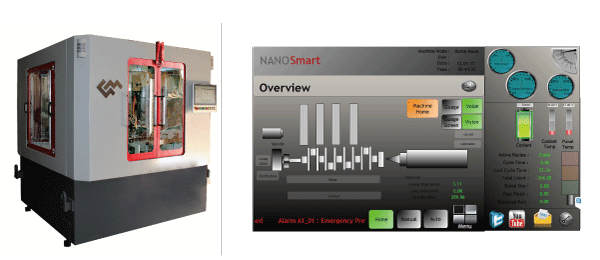 グラインドマスターのパワートレイン用部品向けの仕上げ機械「ナノフィニッシュ」（左）とソフトウエア「ナノスマート」の操作画面（同社提供）

