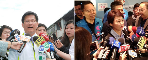 （左から）民進党候補の林佳龍氏、国民党候補の盧秀燕氏（中央通信社）
