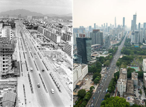 深センの目抜き通り「深南大道」。市内の開発が始まった初期の様子（左）と現在の比較＝18年６月（新華社）