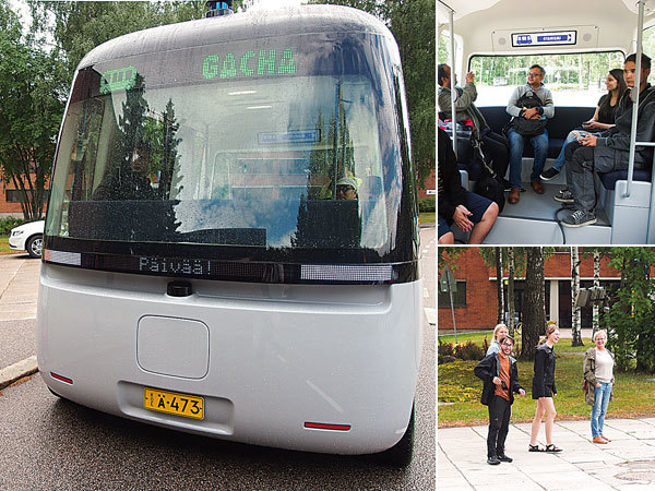 フィンランド・アールト大学内を運行する自動運転バス「ガチャ」。右上は車内。右下はガチャを笑顔で見送る人たち