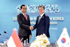 25日、釜山・海雲台の朝鮮ウェスティンホテルで韓国・インドネシア首脳会談が開催。握手を交わす文在寅大統領（右）とインドネシアのジョコ大統領＝韓国・釜山（2019韓・ＡＳＥＡＮ特別首脳会議提供）