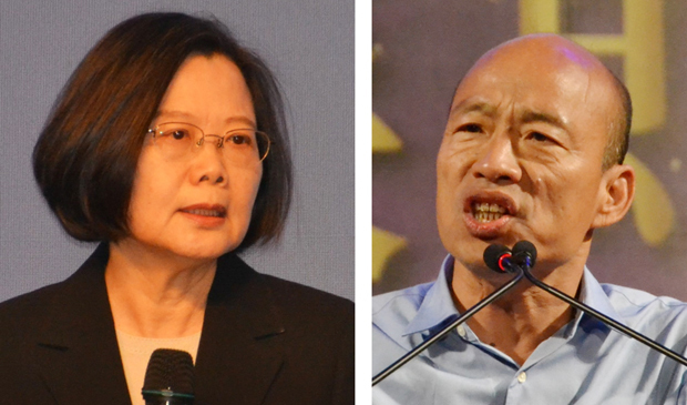 来年１月の台湾総統選は、与党・民主進歩党（民進党）の蔡英文総統（左）と最大野党・中国国民党の韓国瑜・高雄市長の一騎打ちとなる。向こう４年の経済・外交を担う次期リーダーが間もなく決まる（ＮＮＡ撮影）