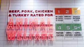 ホールフーズの食肉販売コーナー。飼育方法ついて同社基準で５段階と、さらにプラスして「生涯同じ農場で育てられたか」までをクラス分けしている（横山撮影）