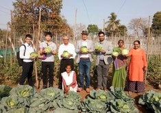 成果報告会はＳＥＷＡの事務所で開催された。出席者は野菜を栽培する実証ほ場も訪れた＝５日、インド・西部グジャラート州（ラ・ディッタ提供）