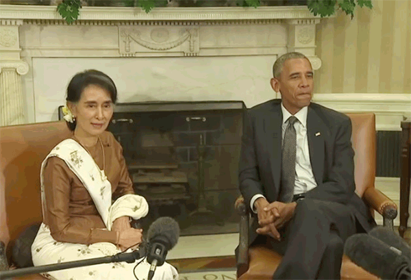 オバマ米大統領（右）とアウン・サン・スー・チー氏との会談（ホワイトハウスのウェブサイトより）