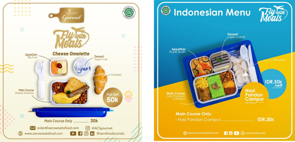 エアロ・フード・インドネシアによる機内食のケータリングサービス。チーズオムレツがメインの洋食メニュー（左）とインドネシア食メニュー（右）（同社の公式インスタグラムより）
