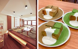 ２階の「畳の間カフェ」（左）と京都産の抹茶を使った「抹茶トースト」（右）＝タイ・バンコク（ＨＩＳツアーズ提供）
