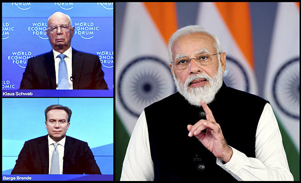 世界経済フォーラム（ＷＥＦ）主催のダボス会議のオンライン準備会合で演説し、インドへの投資を呼び掛けるモディ首相＝17日（ＰＴＩ）