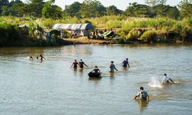 戦闘を逃れるため、川を渡りタイ国境を越えるミャンマーの市民＝７日、タイ・メソト（ロイター／アフロ）