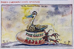 17日付でオーストラリアン紙に掲載された風刺画。緑がかった青のコガモ（Teal）が温めた卵から、緑がかった赤の鳥（労働党政権）がかえろうとしている。ダボス会議のテーマ「グレート・リセット」と総選挙を引っ掛けたものだ。