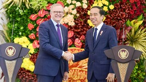 初の公式訪問でインドネシアを訪れたオーストラリアのアルバニージー首相（左）を迎えるジョコ・ウィドド大統領＝６日（大統領府提供）