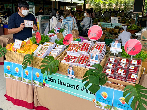バンコクの催事で販売された化粧箱入りのイチゴ。スタートアップの日本農業が北部チェンマイ県で栽培している（同社提供）