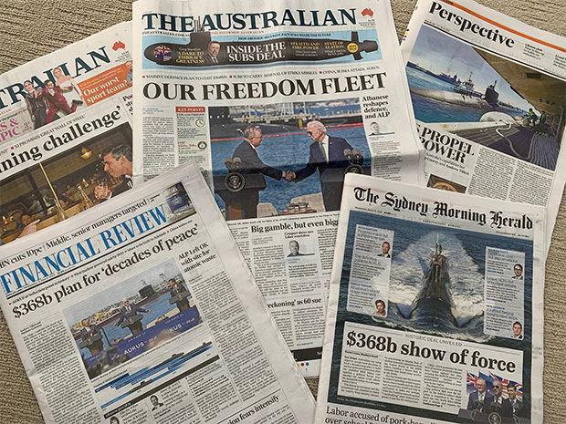 ３月15日付のオーストラリア各紙は原潜の話題でもちきりだった
