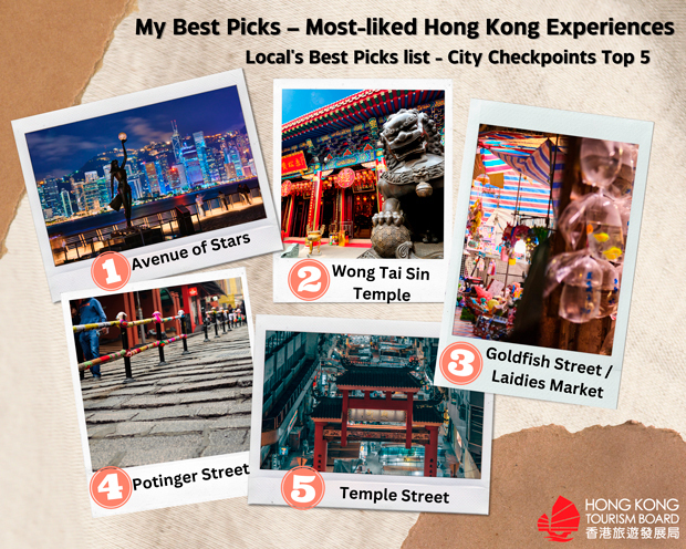 香港市民が薦める観光体験のトップ５（市街地編）。香港政府観光局（ＨＫＴＢ）のアンケートで選ばれた（ＨＫＴＢ提供）