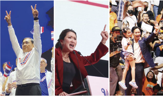 2019年以来となるタイの総選挙に向け、各党は有権者に支持を呼びかけた。写真は左から国家建設タイ合同党のプラユット首相、タイ貢献党のペートンタン氏、前進党のピタ党首＝12日、タイ・バンコクと首都近郊（ＮＮＡ撮影）