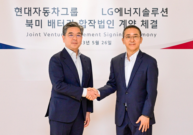 ＬＧエナジーソリューション本社で合弁会社設立に向けて契約を交わした張社長（左）と権副会長（右）（同社提供）