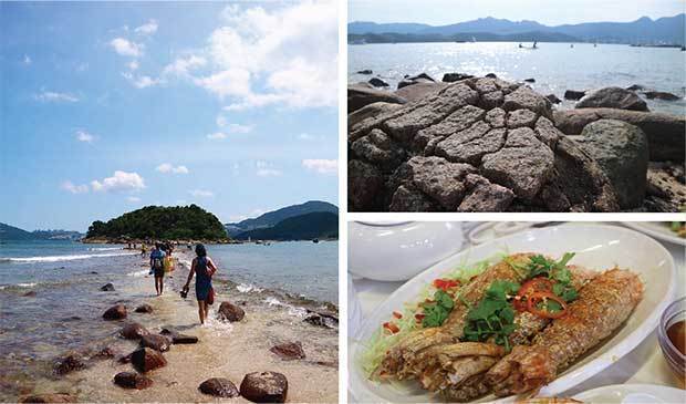 橋咀島の海に浮かぶ道（左）、菠蘿包石（右上）、西貢の海鮮料理（右下）